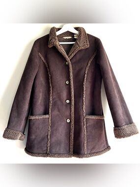 LL Bean faux suede sherpa shearling coat M brown dark button front Penny Lane
